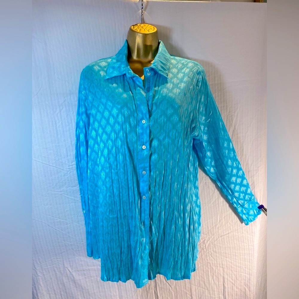 Soft Surroundings NWT Sz M Aqua 3/4 sleeve Shirt Top Button Front V-Neck Crinkle